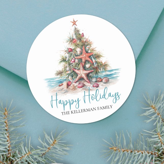 Happy Holidays Beach Christmas Tree Classic Round Sticker (Happy Holidays Beach Christmas Tree Classic Round Sticker )