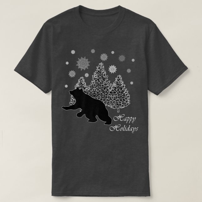 Happy Holidays Bear Winter Snowflakes Leopard Tree T-Shirt (Design Front)