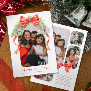 Happy Holidays bells bows watercolor photo  Holiday Card