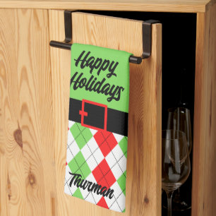 Happy Holidays Belt and Argyle Green Tea Towel