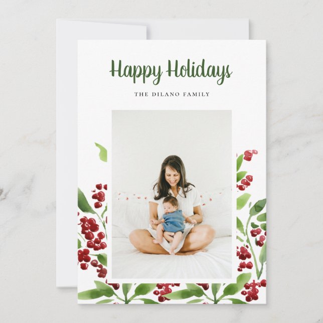 Happy Holidays Berry Botanical Photo Holiday Card (Front)