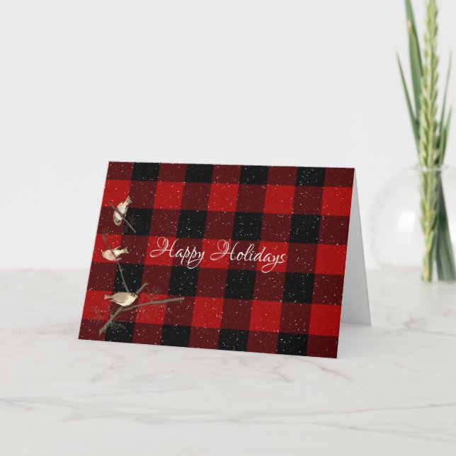 Happy Holidays bird buffalo plaid Card (Front)