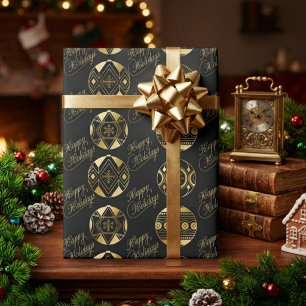 Happy Holidays Black And Gold Bauble Wrapping Paper