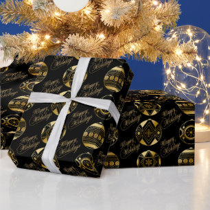 Happy Holidays Black And Gold Bauble Wrapping Paper