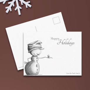 Happy Holidays Black and White Snowman with Bird Postcard