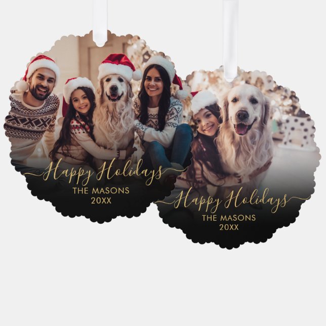 Happy Holidays Black Gold 2 Photo Christmas Tree Decoration Card (Front/Back)