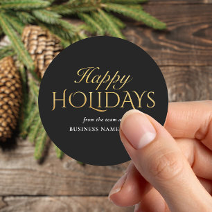Happy Holidays Black Gold Business Christmas Classic Round Sticker
