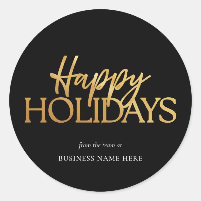 Happy Holidays Black Gold Business Christmas Classic Round Sticker (Front)