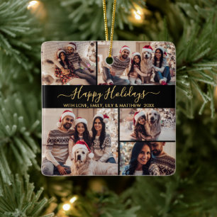 Happy Holidays Black Gold Photo Collage Christmas Ceramic Ornament