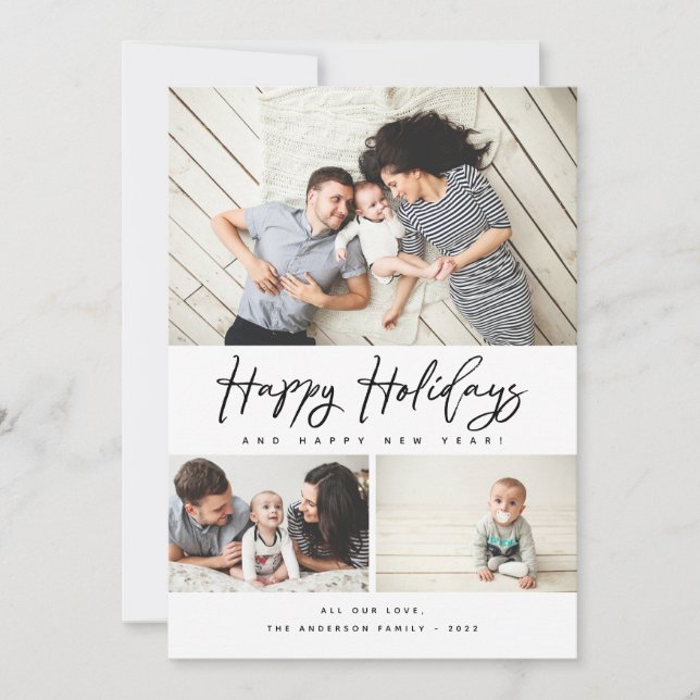 Happy Holidays Black Script 3 Collage Multi-Photo Holiday Card (Front)