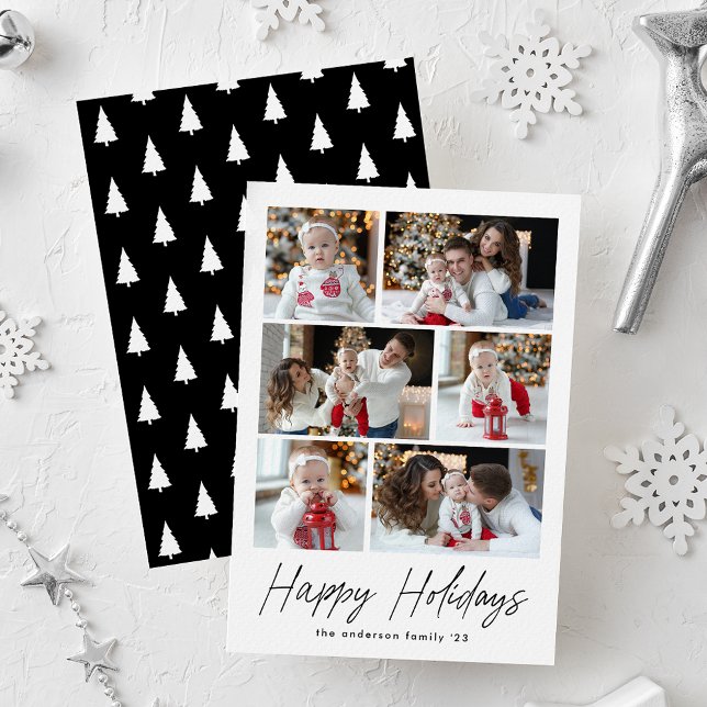 Happy Holidays Black Script 6 Photo Collage Holiday Card (Creator Uploaded)
