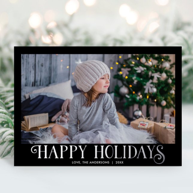 Happy Holidays black silver Modern one photo Foil Holiday Card (Creator Uploaded)