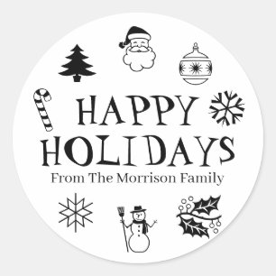 Happy Holidays black white custom name cute favour Classic Round Sticker