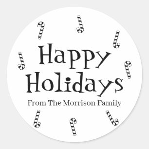 Happy Holidays black white custom name gift favour Classic Round Sticker