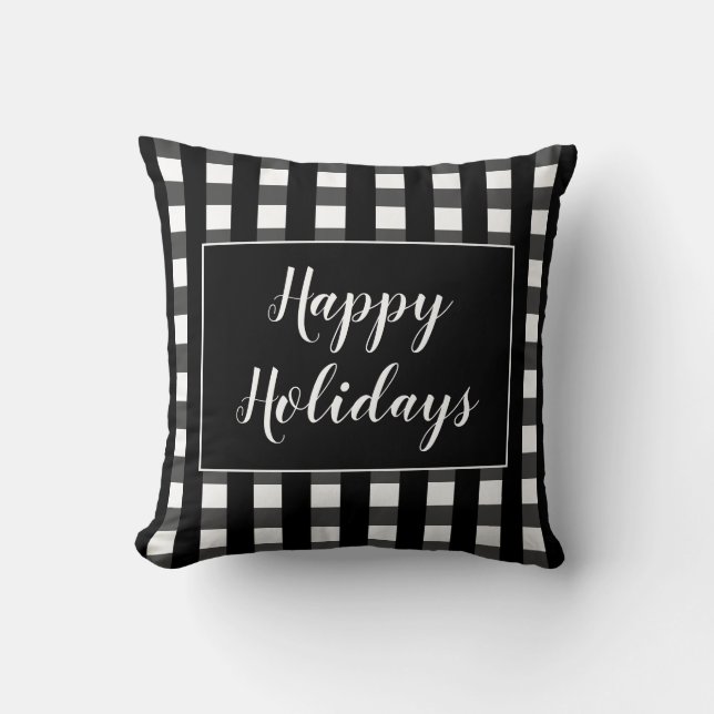 Happy Holidays Black White Plaid Christmas Cushion (Front)