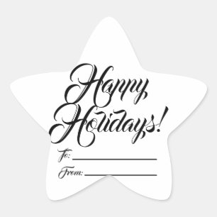 Happy Holidays black white to from blank script Star Sticker
