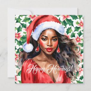Happy Holidays Black Woman Santa Hat Holiday Card