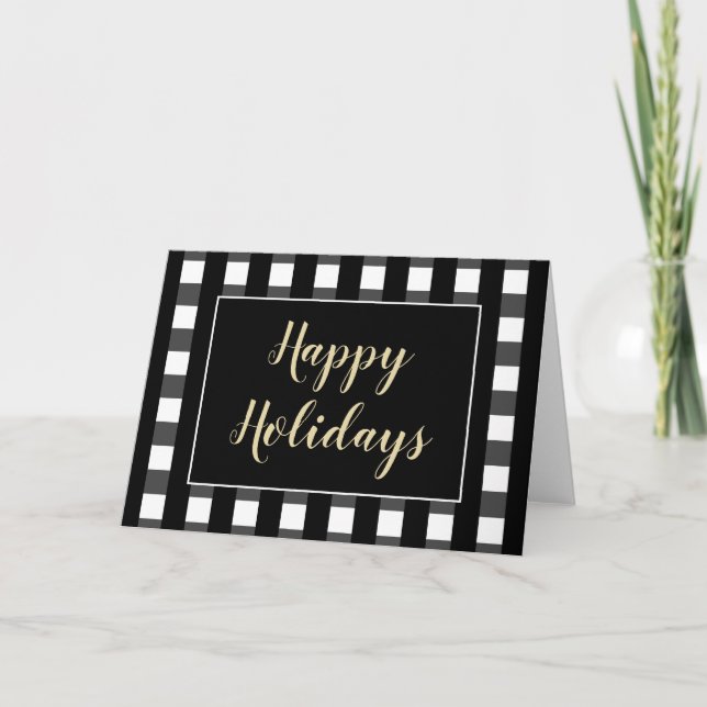 Happy Holidays Blank Black White Plaid Custom Holiday Card (Front)