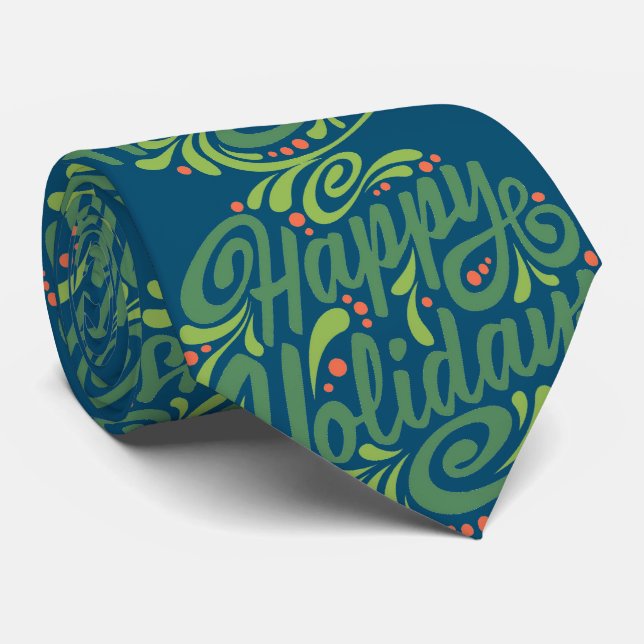 Happy Holidays Blue and Green Christmas Neck Tie (Rolled)