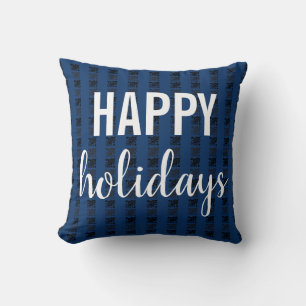 Happy Holidays Blue Black Chequered Cushion