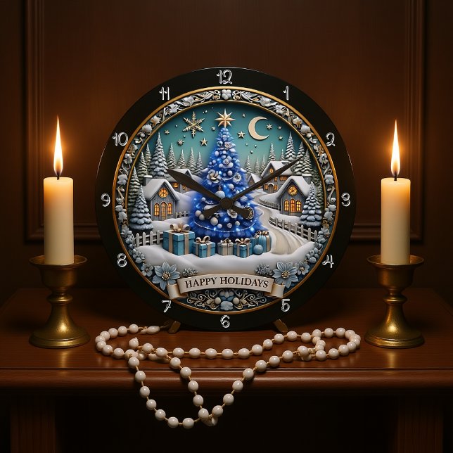 Happy Holidays Blue Christmas Tree Village Large Clock (Creator Uploaded)