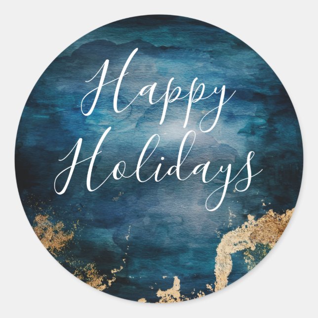 Happy Holidays Blue & Gold Classic Round Sticker (Front)