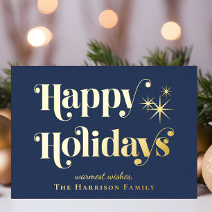 Happy Holidays Blue Photo Christmas Foil Holiday Card