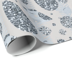 Happy Holidays Blue  Silver Glitter Christmas Ball Wrapping Paper