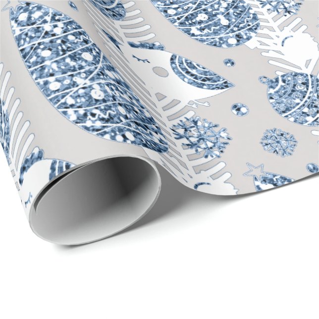 Happy Holidays Blue  Silver Glitter White Ball Dec Wrapping Paper (Roll Corner)
