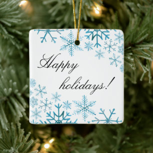 Happy holidays blue snowflake ceramic ornament