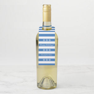 Happy Holidays Blue Striped Snowflake Wine Bottle Tag