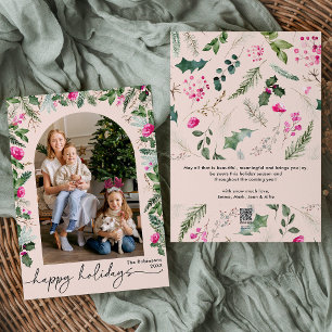 Happy Holidays Blush Pink Botanical Arch 1 Photo Holiday Card