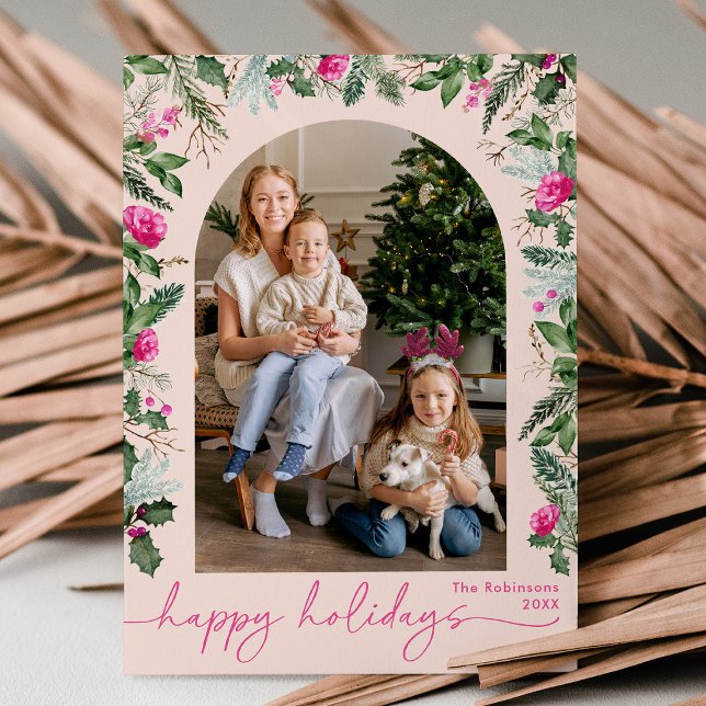 Happy Holidays Blush Pink Greenery Arch 1 Photo Holiday Card (Creator Uploaded)