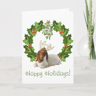 Happy Holidays Boer Goat in Wreath Holiday Card