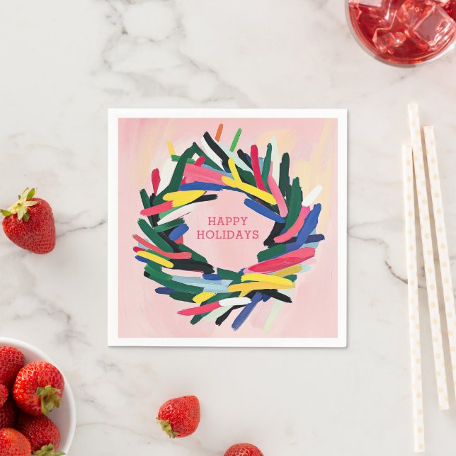 Happy Holidays Bold Colourful Christmas Wreath Napkin (Insitu)