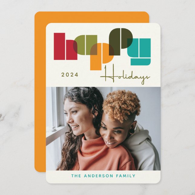 Happy Holidays Bold Colours Orange Typography Phot Holiday Card (Front/Back)