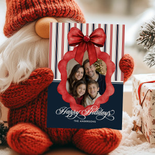 Happy Holidays Bow & Stripes Family Photo Holiday Card