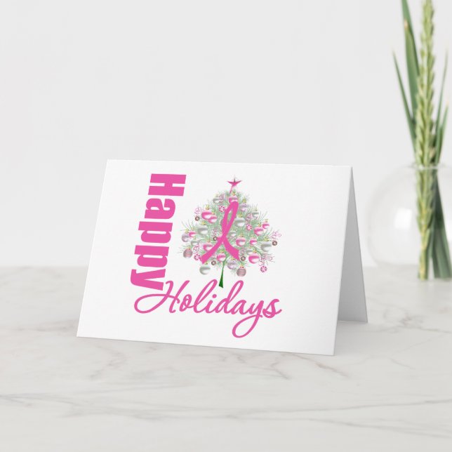 Happy Holidays Breast Cancer Pink Ribbon Holiday Card (Front)