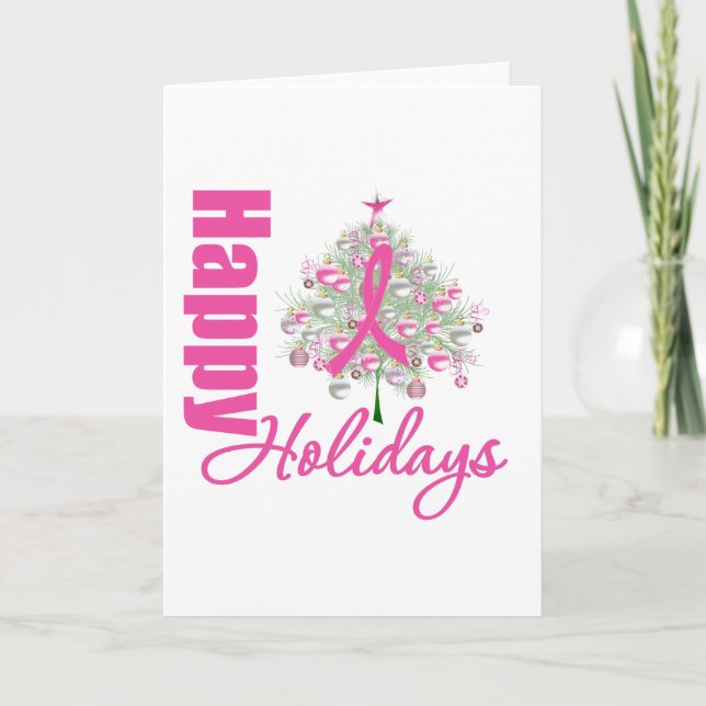 Happy Holidays Breast Cancer Pink Ribbon Holiday Card (Front)