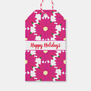 Happy Holidays Bright Pink Poinsettia Print Gift Tags
