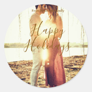 Happy holidays brown add couple photo name date mo classic round sticker