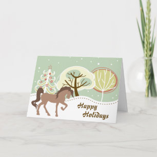 Happy Holidays Brown Horse Snowy Winter Christmas Holiday Card