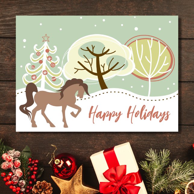 Happy Holidays Brown Horse Snowy Winter Christmas Holiday Card (Creator Uploaded)