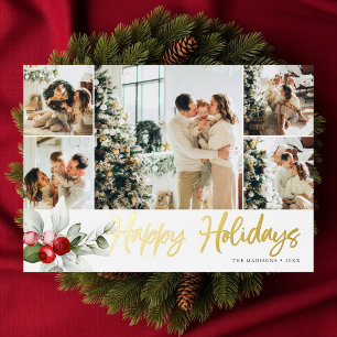 Happy Holidays Brush Script Berry 7 Photo Collage Foil Holiday Card