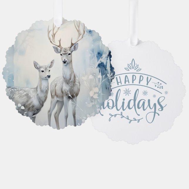 Happy Holidays Buck and Doe Tree Decoration Card (Front/Back)