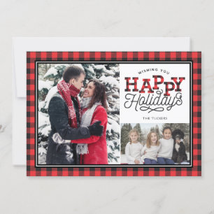 HAPPY Holidays Buffalo Plaid Border 2-Photo Holiday Card