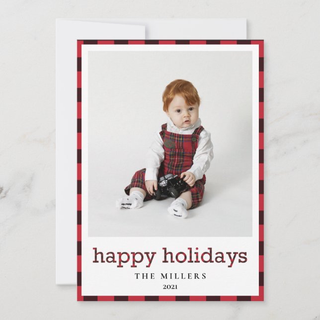 Happy Holidays Buffalo Plaid Christmas Photo Card (Front)