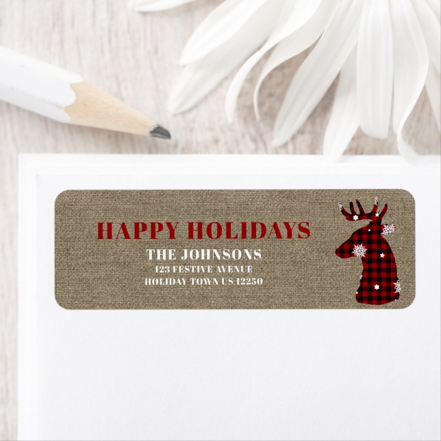 Happy Holidays Buffalo Plaid Deer Return Address Label (Insitu)