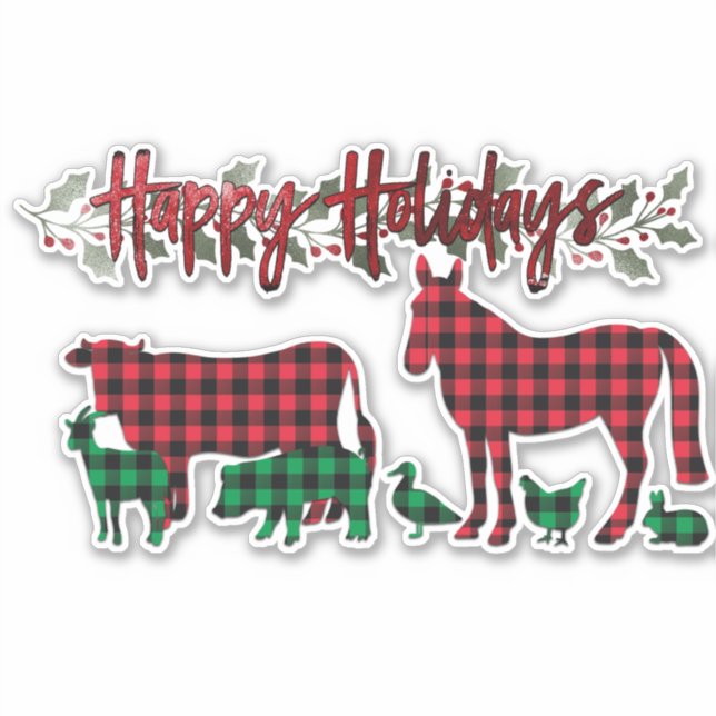 Happy Holidays Buffalo Plaid Farm Animals Xmas (Front)