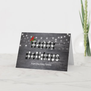 Happy Holidays buffalo plaid on grey wood Card